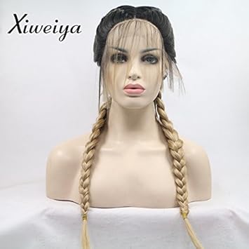 Xiweiya blonde with brown root Double Braids Synthetic Braided Lace Front Wig with Baby Hair Wig Heat Resistant Fiber Middle Part