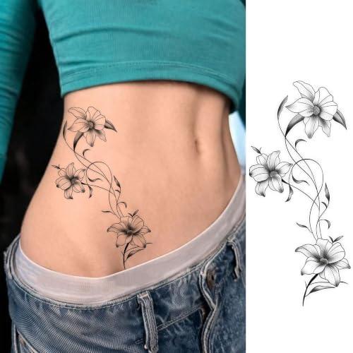 Image of VANTATY 12 Sheets Beautiful Lily Temporary Tattoos For Women Adults Arm Leg Waist Tattoo Sticker, Realistic 3D Rose Butterfly Fake Flower Tattoos Body Art Makeup Decals Waterproof Long Lasting Tatoos