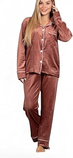 بيجامة شتوية للنساء مقاس XXL بلون برونزي - طقم بيجامة قطيفة مع ازرار واكمام طويلة ناعمة ومريحة من قطعتين، بيجامة نوم حريمي شتوى قطيفة شتاء 2026