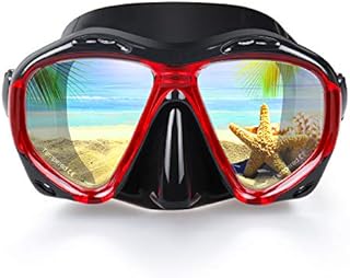 Snorkel Diving Mask, Panoramic HD Swim Mask, Anti-Fog Scuba Diving Goggles, Silicone Skirt Tempered Glass Dive Mask Adult Youth Swim Goggles with Nose Cover for Diving, Snorkeling, Swimming (A-Red)