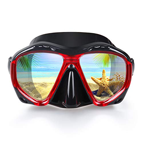 Snorkel Diving Mask Panoramic HD Swim Mask, Anti-Fog Scuba Diving Goggles,Tempered Glass Dive Mask Adult Youth Swim Goggles with Nose Cover for Diving, Snorkeling, Swimming (A-Black Red) by EXP VISION - Used condition - US$13.24