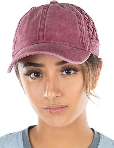 Funky Junque Criss Cross Hat Womens Baseball Cap Distressed Ponytail Messy Bun Trucker Ponycap (Basketweave - Berry) #TOP3