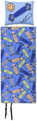 iscream Bold Print Cozy Silky Soft Fleece Lined Sleeping Bag and Pillow Set for Kids - Sk8board