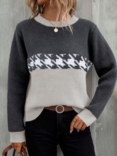 Image of chouyatou Women's Vintage Color Block Long Sleeve Pullover Sweater Houndstooth Printed Crewneck Jumper Tops