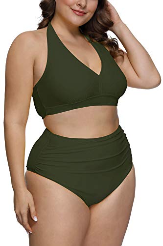 Conjunto de biquíni feminino de cintura alta com 2 peças da Pink Queen, 01 - Verde militar, XXL