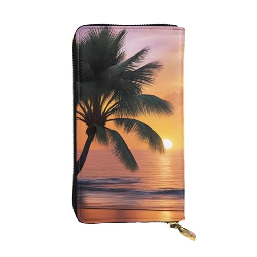Sunset Palm Tree_ Picture Leather Long Clutch Wallet for Fashionable Girls and Women - Durable, Stylish, and Functional, Black, One Size