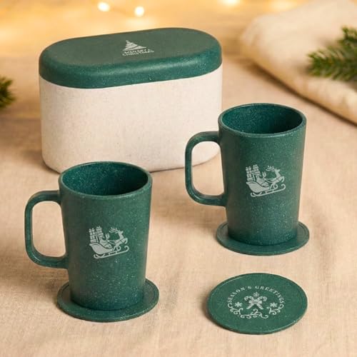 Image of Eha Earth-Friendly Christmas Gifts for Friends and Family | Secret Santa Gifts | Made with Rice Husk | Printed Christmas Mug and Coasters Set of 2, Keychain & a Loopac Box | 350 ml | Fern