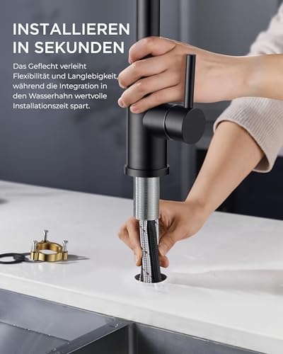 FORIOUS Wasserhahn Küche Schwarz, Küchenarmatur Ausziehbar mit Brause, Spültischarmatur Küche, L-förmiger Edelstahl Mischbatterie Armatur, Zwei Sprühfunktionen, 360° Schwenkbar