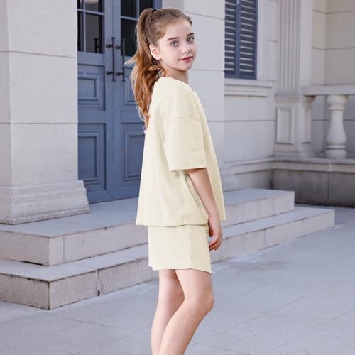Image of DREAM BUS Girls T-Shirts and Shorts Set 2 Pieces Teen Girls Summer Matching Outfit Solid Trendy Clothes for Little Girl