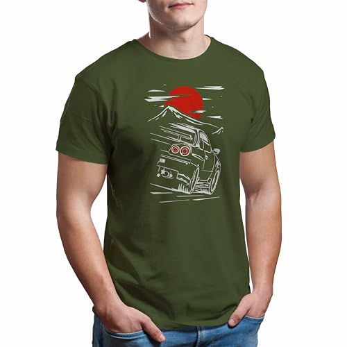 Fast GTR Skyline R34 JDM Legend Military Green T-Shirt for Mens