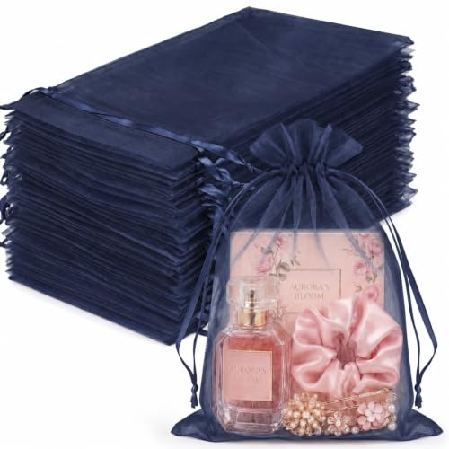 Image of FUNFERY 100PCS Navy Blue Organza Gift Bags 5x7in,Drawstring Jewelry Pouch
