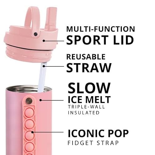 Elemental 20 Oz Iconic Pop Fidget Water Bottles, Kids Bottles For School Girls And Boys, Triple Wall Vacuum Insulated Stainless Steel Leak Proof Kid Bottle With Straw Lid - Rose #TOP2