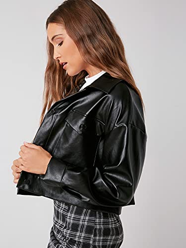 Makemechic Women's Faux Pu Leather Jacket Long Sleeve Button Down Cropped Outerwear Coat Black M #TOP2