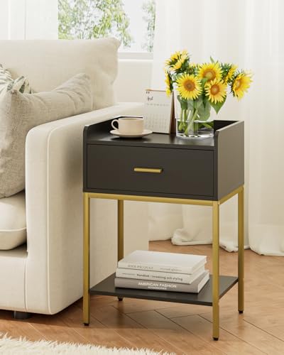 Image of Masupu Nightstand,Bedside Table 3-Tier Modern Night Stand with Storage Drawer and Shelf,Small End Side Table for Bedroom,Living Room,Black (Without Outlet, Black)