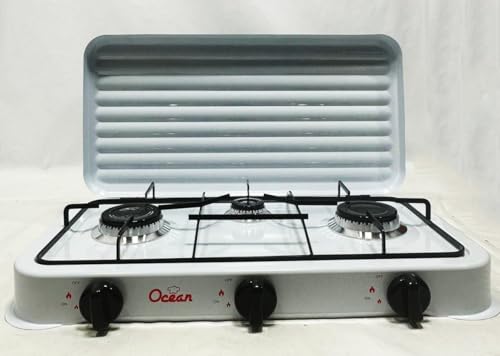 Hornillo de gas de 3 fuegos, 3200 W, quemadores de hierro fundido extraíbles, con tapa, a gas butano o propano