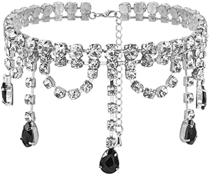 Navoky Rhinestone Choker Black Big Crystal Necklace Silver Neck Chain Tassel Party Jewelry for Women and Girls (A)