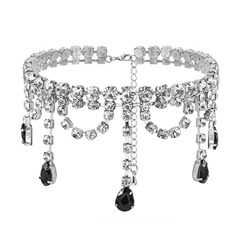 Navoky Rhinestone Choker Black Big Crystal Necklace Silver Neck Chain Tassel Party Jewelry For Women And Girls (A) #TOP2
