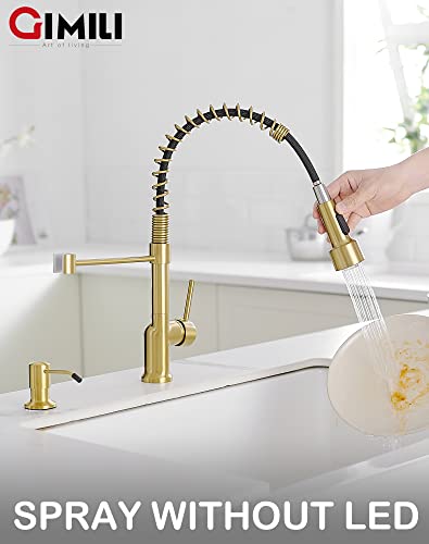 Gimili Brushed Gold Kitchen Faucet With Pull Down Sprayer With Soap Dispenser Single Handle Led Kitchen Sink Faucet #TOP4