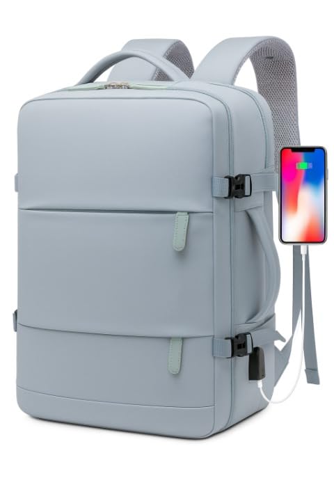 Mochila de viagem grande para mulheres e homens, mochila de mão, mochila de caminhada, Compartimento para Notebook, Sapatos e Entrada USB, para viagens, Cinza, 25L, Mochilas de viagem (Azul, Grande)