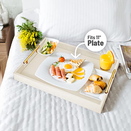 17" X 12" Wood Serving Tray With Gold Polished Metal Handles, Home Decorative Wooden Rectangle Ottoman Decor Platter Bathroom Vanity Tray For All Occasions White #TOP2