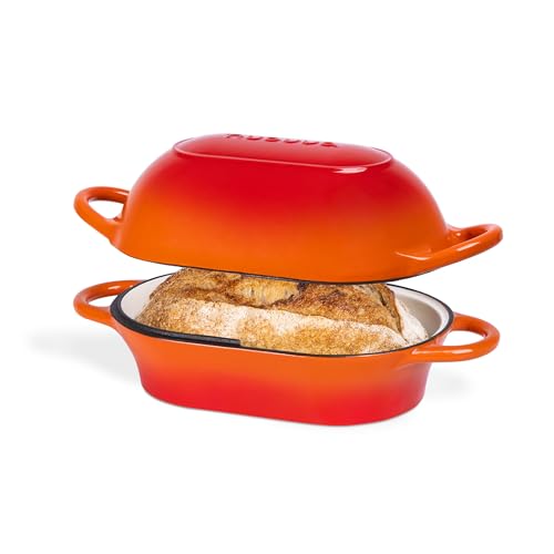 Dutch Oven for Sourdough Bread Baking – Enamelled Cast Iron Bread Loaf Pot – Oven Safe Non Stick Bread Pot – Rectangular, Orange, 22cm x 16cm – by Nuovva