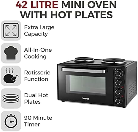 Tower T14045 Mini Oven with Adjustable Temperature Control, 90 Minute Timer, Baking Tray and Wire Rack, Black with Silver Accents, 42 litre