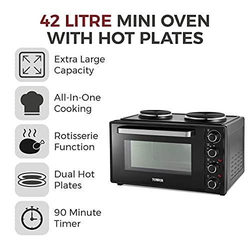 Tower T14045 Mini Oven with Adjustable Temperature Control, 90 Minute Timer, Baking Tray and Wire Rack, Black with Silver Accents, 42 litre