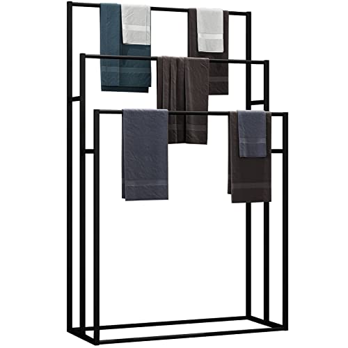 NEICELLE 3 Tier Standing Towel Rack - Extra Wide Large Bathroom Towel Stand, Heavy-Duty Metal Towel Drying Rack for Poolside (Matt Black)