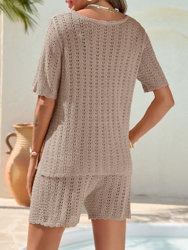 Saodimallsu Women Crochet 2 Piece Swimsuit Cover Up Short Sleeve Knit Tops Shorts Sets Summer Beach Vacation Outfit Khaki — view 6
