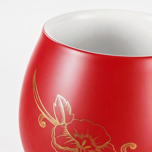 Image of Yundu 12 OZ Ceramic Mug with Lid & Tea Strainer - Matte Red Tea Cup with Golden Flower, Stainless Steel Infuser for Loose Leaf Tea