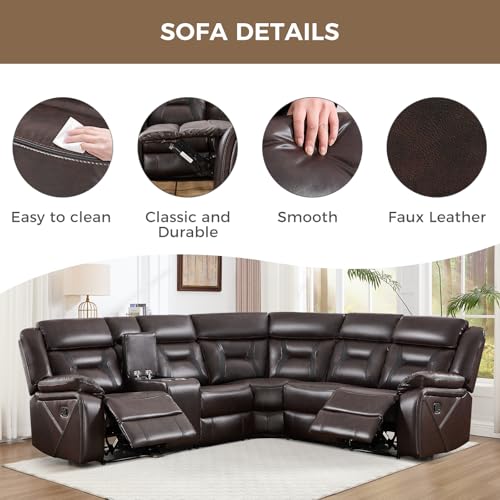 Image of EBELLO Manual Reclining Sectional Sofa for Living Room, L-Shaped Sectional Corner Reclining Sectional Couches Home Furniture Set with Center Console, Hidden Cup Holders and Storage, Dark Brown