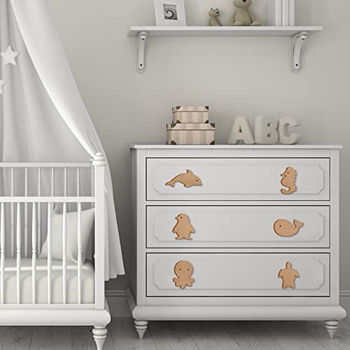 Qunclay Holz-Tier-Schrankknöpfe, Dekorative Kommodenknäufe mit Schrauben, Marine, Wald, Tiere, Möbelknöpfe, Schubladengriffe für Dekoration (Meerestier, 6 Sets)