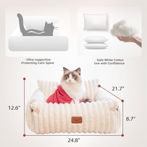 CHEERPALS Cat Couch Bed for Indoor Cats Fluffy Cat Sofa Recliner with Removable Washable Cover Cute Pet Lounge Suitable for Puppy Kitten (Off-White) - Image 5