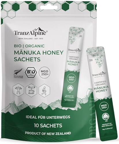 TranzAlpine Bio Manuka Honig BIO-Zertifiziert Sachets (10x 10g) - MGO 250+ - 100% reiner Premiumhonig, original aus Neuseeland in praktischen Portionssticks