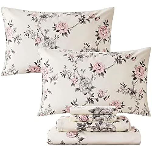 FADFAY Floral Sheets Set Twin XL Vintage Rose Floral Bedding Shabby Grey and Pink Peony Printed College Dorm Bedding 800 Thread Count 100% Egyptian Cotton Deep Pocket Fitted Sheet 4Pcs, Twin XL Size