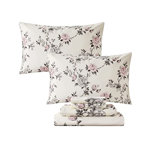 Fadfay Floral Sheets Set Queen Vintage Rose Floral Bedding Shabby Grey And Pink Peony Printed Sheets Farmhouse Bedding 800 Thread Count 100% Egyptian Cotton Deep Pocket Fitted Sheet 4Pcs, Queen Size #TOP9