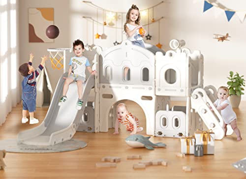 Xjd 7 In 1 Toddler Slide Set, Kids Slide For Toddlers Age 1+, Toddler Climber Slide Playset With Basketball Hoop And Ball,Outdoor Indoor Playground For Toddlers 1-3 (Glay White) #TOP12
