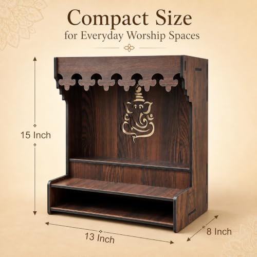 Image of The Castle Decor Wooden Mandir for Home, Wall Hanging & Tabletop Pooja Temple with Ganesha Cutwork, 2-Tier Storage Shelf, MDF Mandir for Pooja Room, Office, Hostel & Apartment, 13 x 15 x 8 Inch