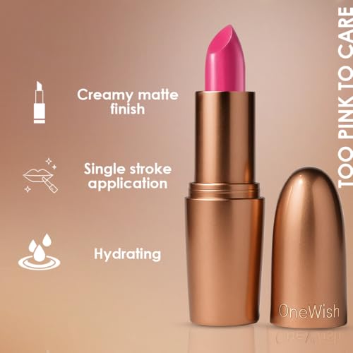 Image of One Wish Creamy Matte Lipstick for Women - Too Pink to Care Shade 05 | Long Lasting | Full Coverage | Creamy, Non-Drying Formula | High Pigment | SPF | Enriched with Vitamin E, Almond Oil & Shea Butter | 8 Hrs Wear | Smooth Finish | 3.8 gm