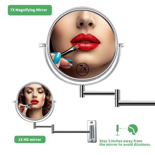 Kacuozx Mounted Makeup Mirror, Extendable Vanity Mirror,Double Side Mirror 1X 7X Hd Magnifying Mirror For Bathroom, 360° Swivel Double Sided Extendable Bathroom Mirror For Shaving (Chrome) #TOP2