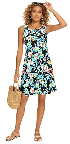 Image of Summer Dresses for Women 2026 Casual Sundresses Beach Cover Ups Sleeveless Tshirt Swing Dress with Pockets