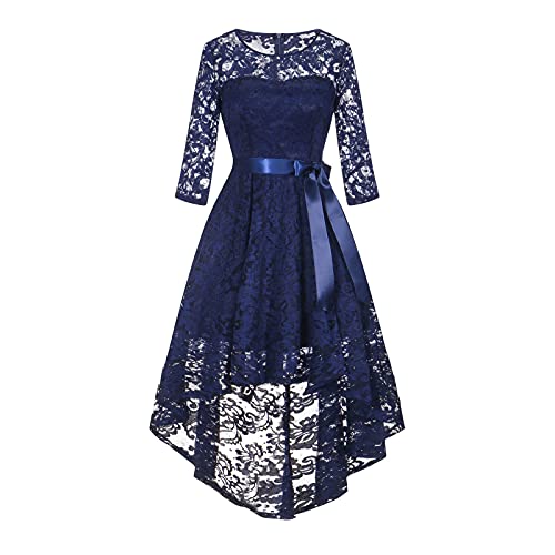 Foviguo Lace Dresses For Women High-Low Swing Formal Bridesmaid Wedding Cocktail Dinner Dresses With Belt, 02-Navy, X-Large #TOP1