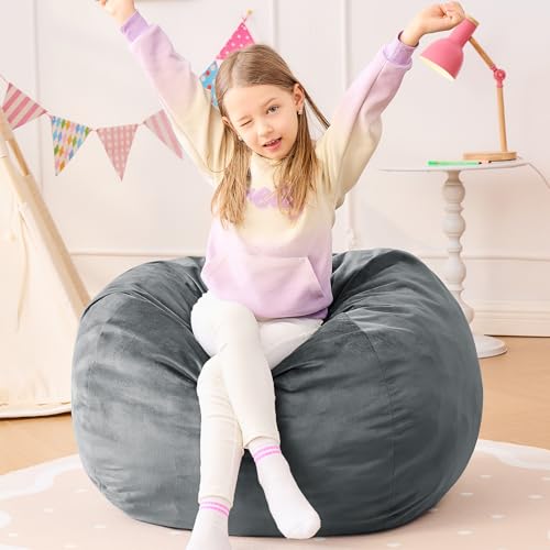 Image of Bean Bag Chairs for Kids - 2.5FT Round Memory Foam Furniture BeanBag Chair - Kids /Teens Bean Bag Sofa with Soft Micro Fiber Cover - Fluffy Couch for Playroom Living Room Bedroom, Grey