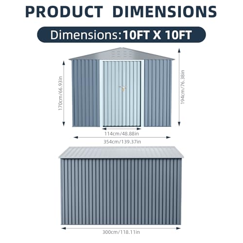 Garvee 10x10ft Metal Shed, Outdoor Garden Tool Storage Shed with Lockable Doors, Large Metal Shed with Sturdy Frame Structure, for Backyard, Patio, Lawn, Grey by Garvee - Used condition - Image 9