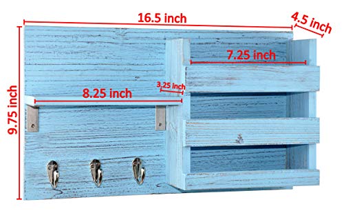 Spiretro Wall Mount Entryway Mail Envelope Organizer, Key Holder Hooks, Leash Hanging, Coat Rack, Letter & Newspaper Storage, Ornament Home Decorative Floating Shelf, Rustic Wood- Shabby Chic Blue #TOP4