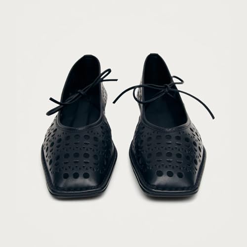 Image of VBDB Black Ballet Flats for Women Square Toe Lace up Wide Width Mary Jane Flats Casual Slip on Ballerina Shoes