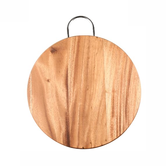 Planche à découper ronde en acacia idéale pour préparer les repas et servir les apéritifs