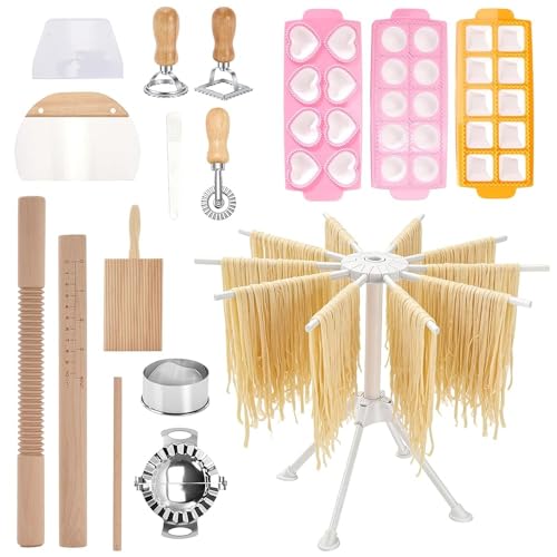 14-Piece Pasta Creation Set with Wooden Rolling Pin, Ravioli Cutters, Gnocchi Board & Drying Rack - Complete Tools for Fresh Pasta & Family Cooking