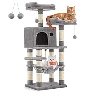 Feandrea Cat Tree, 44.1-Inch Cat Tower for Indoor Cats, Multi-Level Cat Condo with 11 Scratching Posts, 2 Perches, Cave, Hammock, Light Gray UPCT215W01