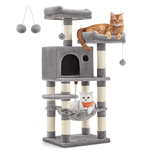 Feandrea Arbre à Chat Hauteur 112 cm, Tour de Jeux pour Chat, avec 11 Poteaux à Griffer, 2 Plateformes, 1 Niche, 1 Hamac, 2 Pompons, en Tissu Peluche, Plusieurs Niveaux, Gris Clair PCT215W01